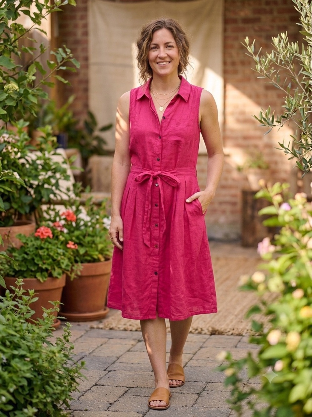 100% Linen Anthropologie Coastal Grandmother Resort-wear Shirtdress Size 12